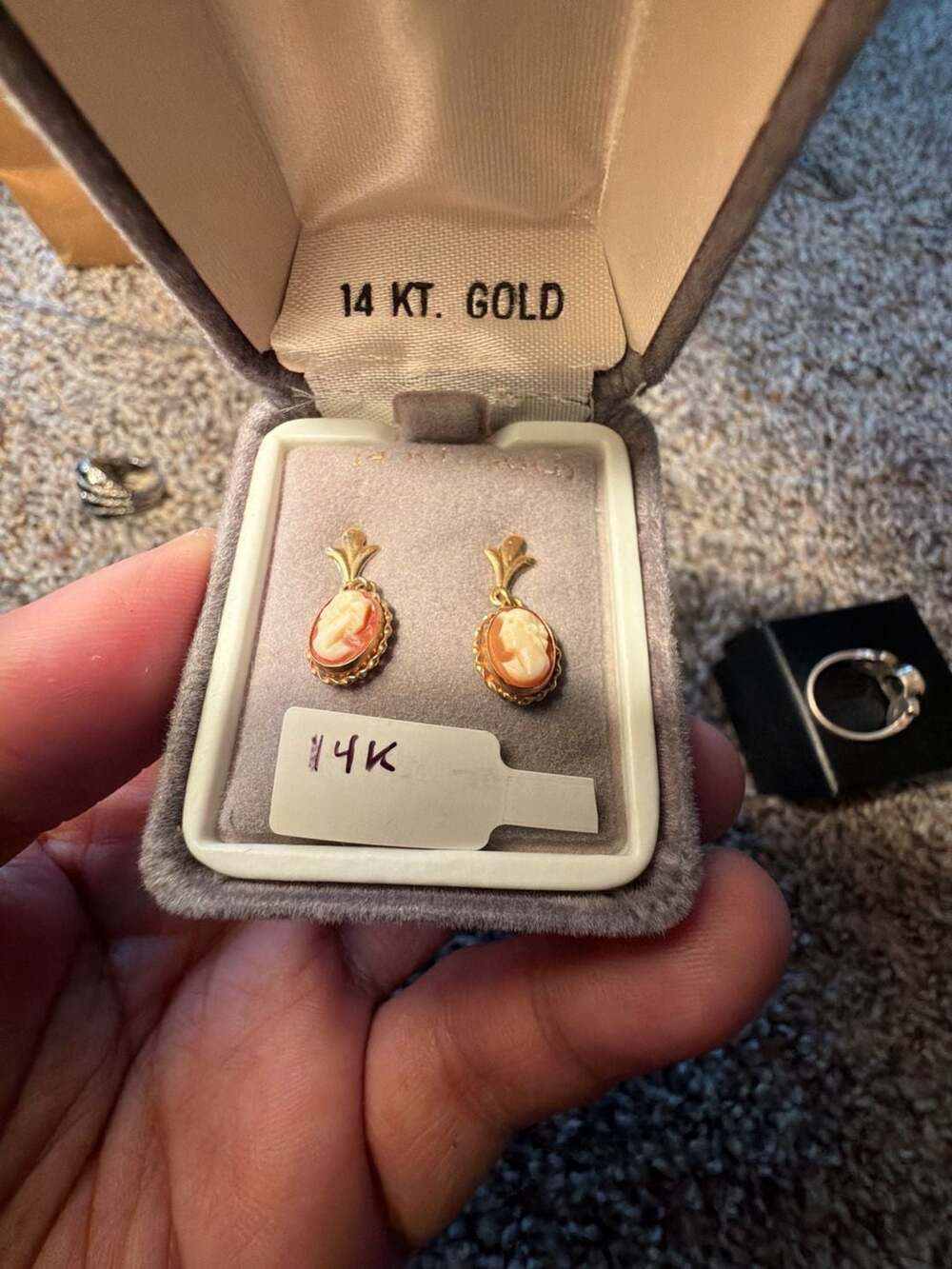 14K Yellow Gold Carved Shell Cameo Dangle Earrings